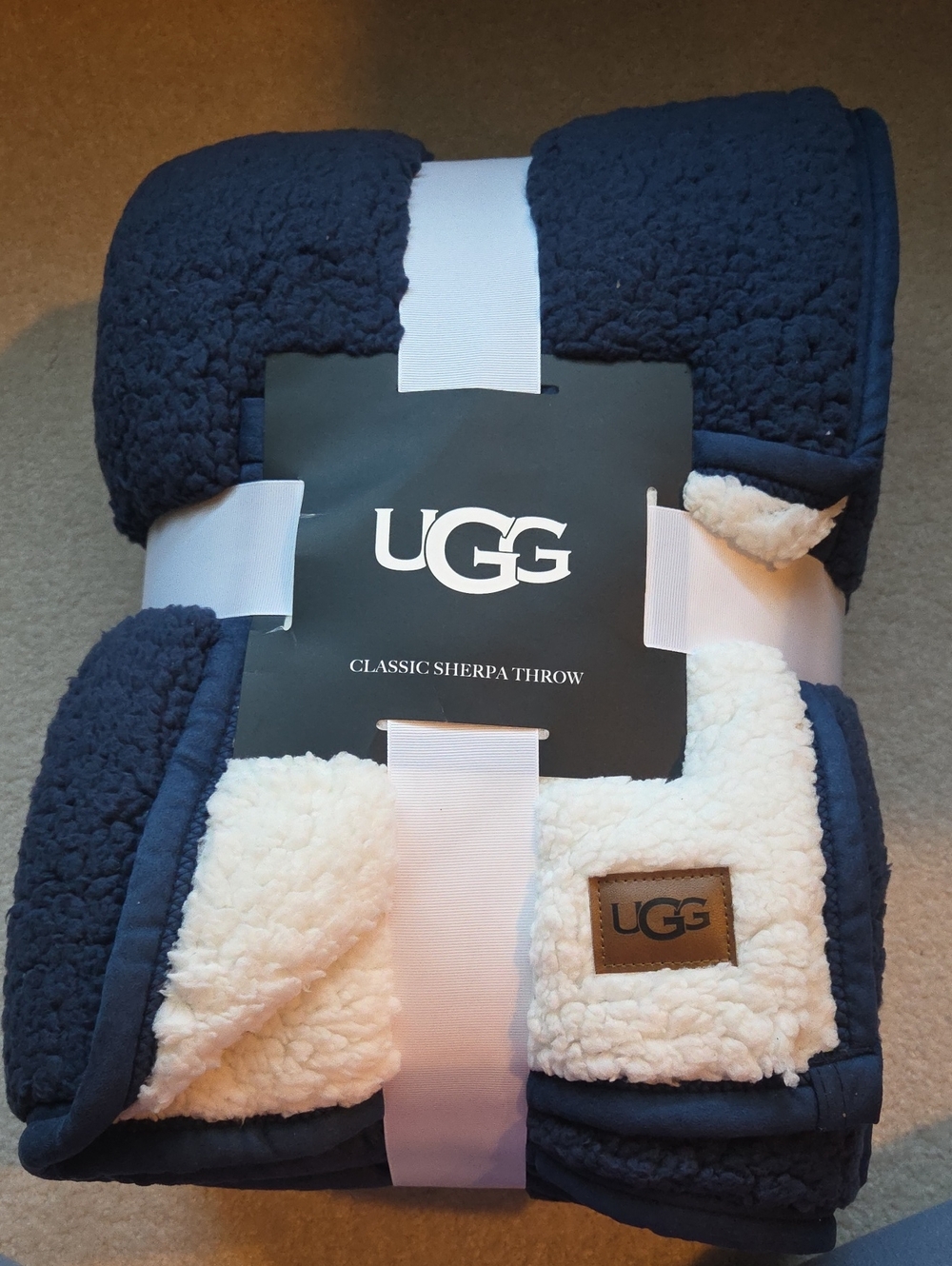 Ugg Fleece Blanket. Navy and Cream.